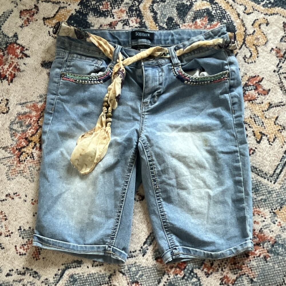 Squeeze Girls Bermuda Denim Shorts Blue Size 12 Belted Pockets Y2K